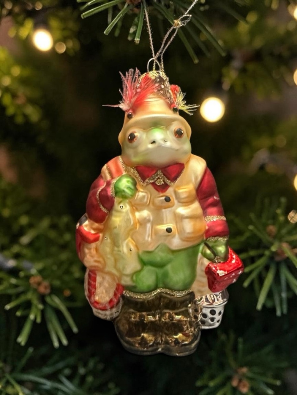 Vintage Peschka Glass Frog Fisherman Christmas Ornament